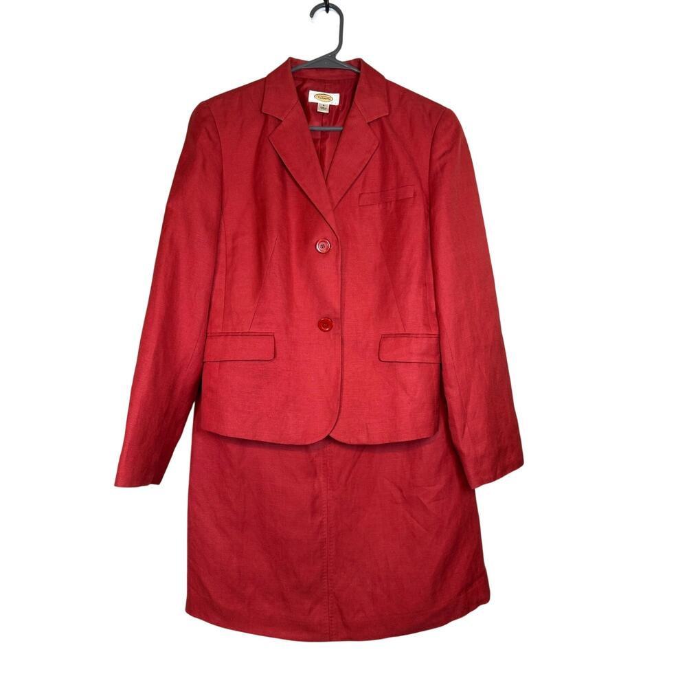 Vintage Talbots Silk Linen Suit Set 2 Piece Jacket Skirt Womens 8 Red Coral Work